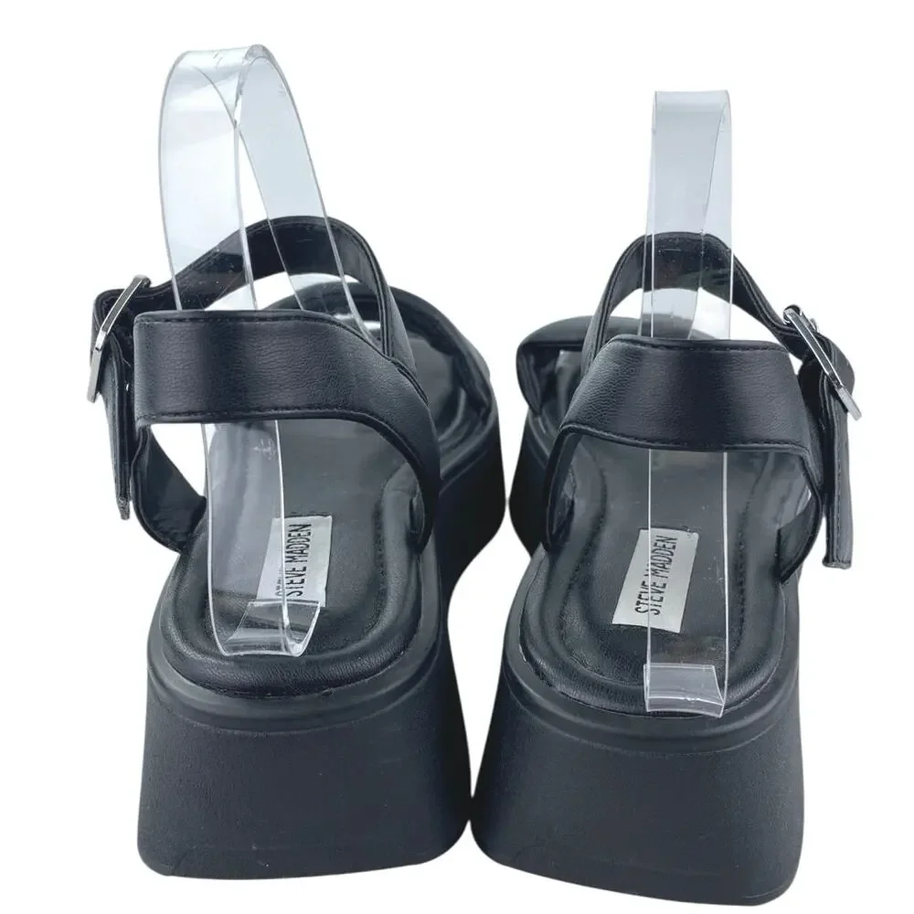Steve Madden Dubai Womens Black Leather Ankle Strap Open Toe Platform Sandals 10